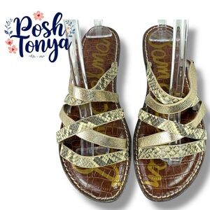 Sam Edelman Giana Metallic Gold Snake Print Strappy Sandals Flat Chic, Size 7.5